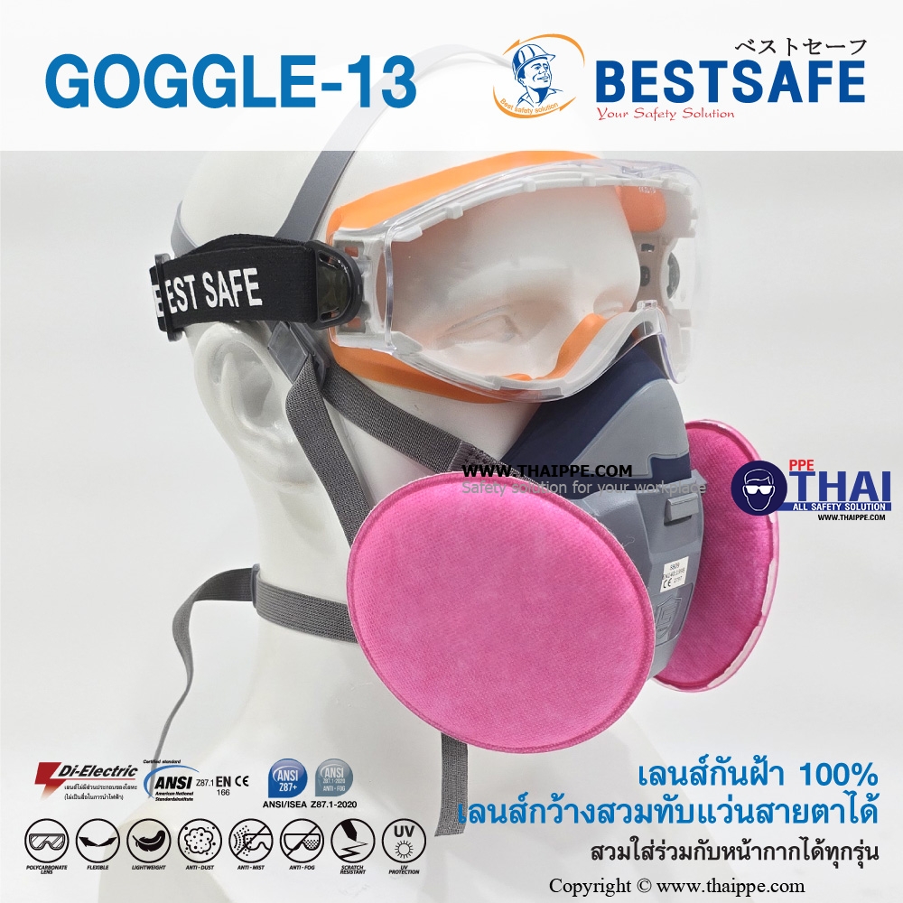 Goggle13 แว่นครอบตา กันสารเคมี+ฝ้า #เลนส์ใส # BESTSAFE