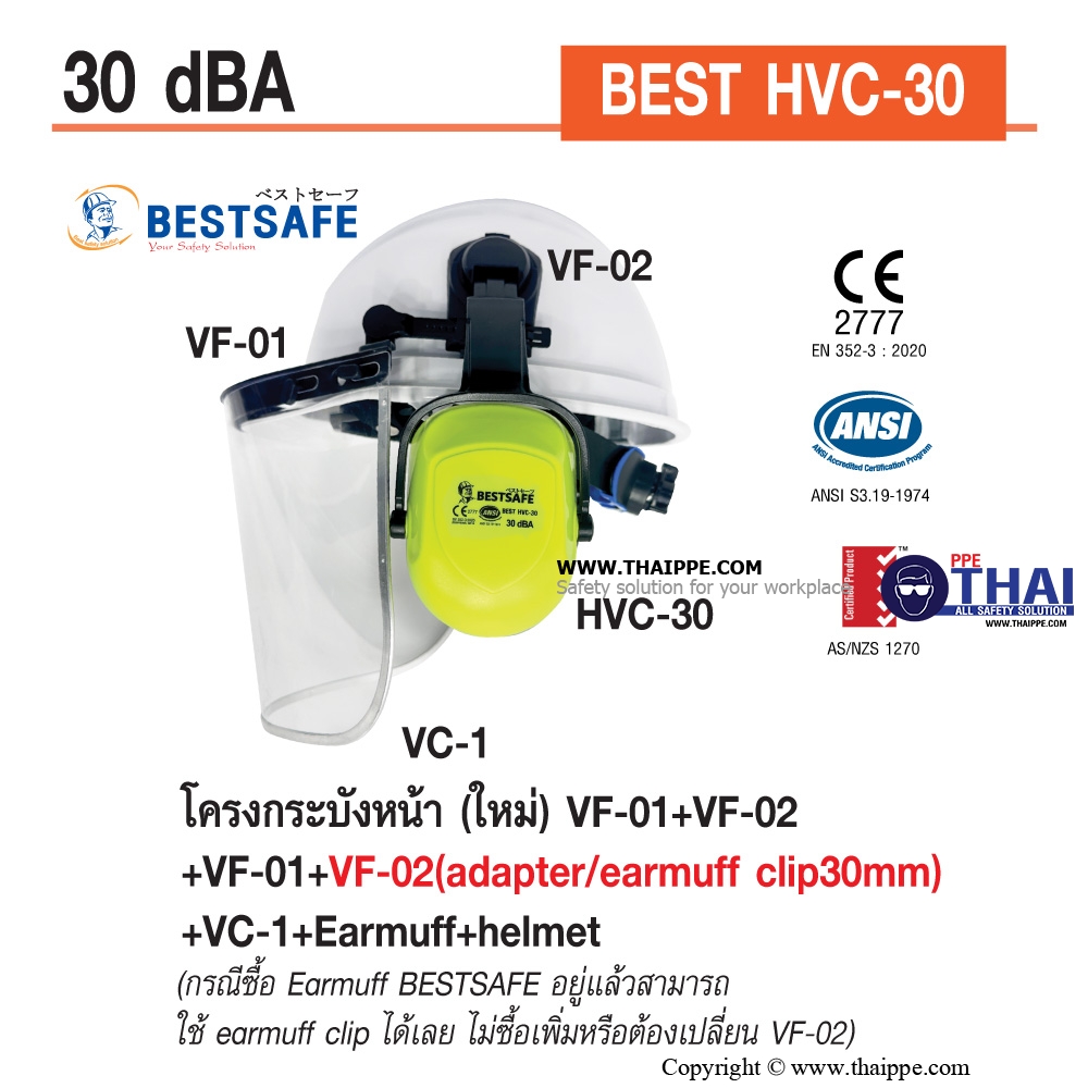 BEST HVC-30 HIGH VISIBILITY EARMUFF WITH STYLE CAP-MOUTED  #BESTSAFE ที่ครอบหูแบบติดหมวก วัสดุABS (ขนาดสลัก 33 mm.)