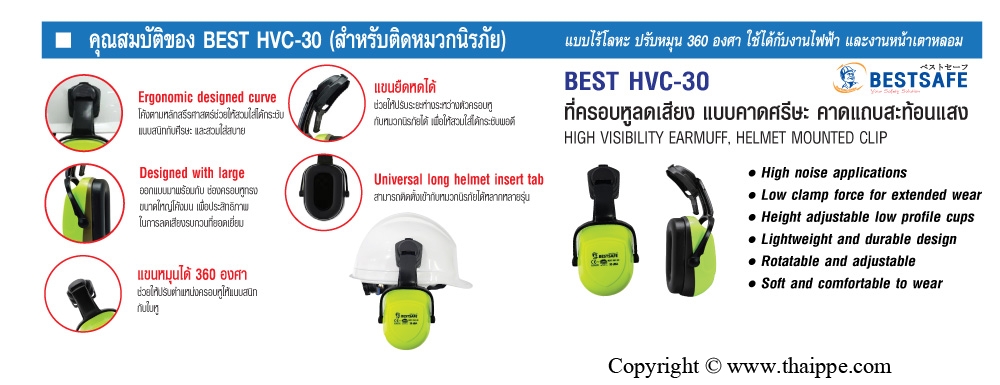 BEST HVC-30 HIGH VISIBILITY EARMUFF WITH STYLE CAP-MOUTED  #BESTSAFE ที่ครอบหูแบบติดหมวก วัสดุABS (ขนาดสลัก 33 mm.)