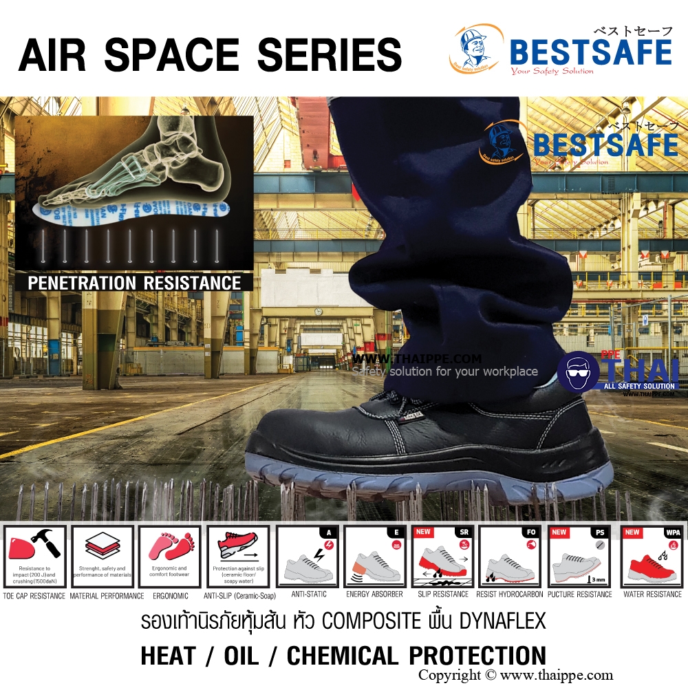 PICAZO AIR SPACE [S3S SR FO] รองเท้านิรภัยหุ้มข้อ สีดำ พื้น PU/TPU, หัวคอมโพสิต200J พื้น Dynaflex ยี่ห้อ BESTSAFE