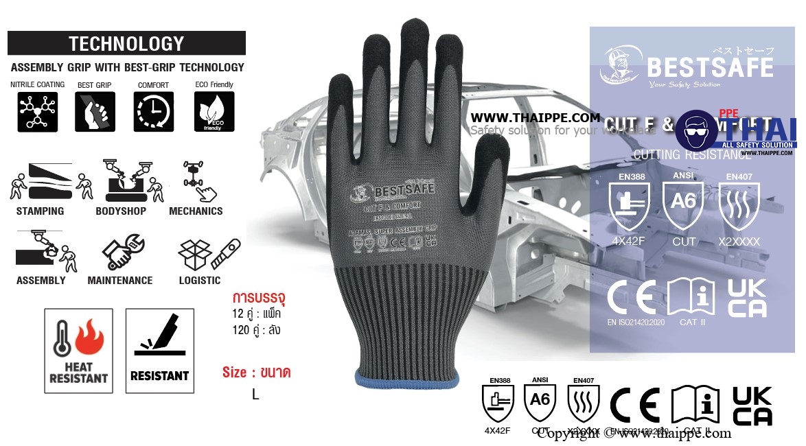 BESTSAFE - Cut F and comfort ,ถุงมือเส้นใย CUT LEVEL F ระดับการบาดคมสูงสุด  TECHNOLOGY NITRILE Coating