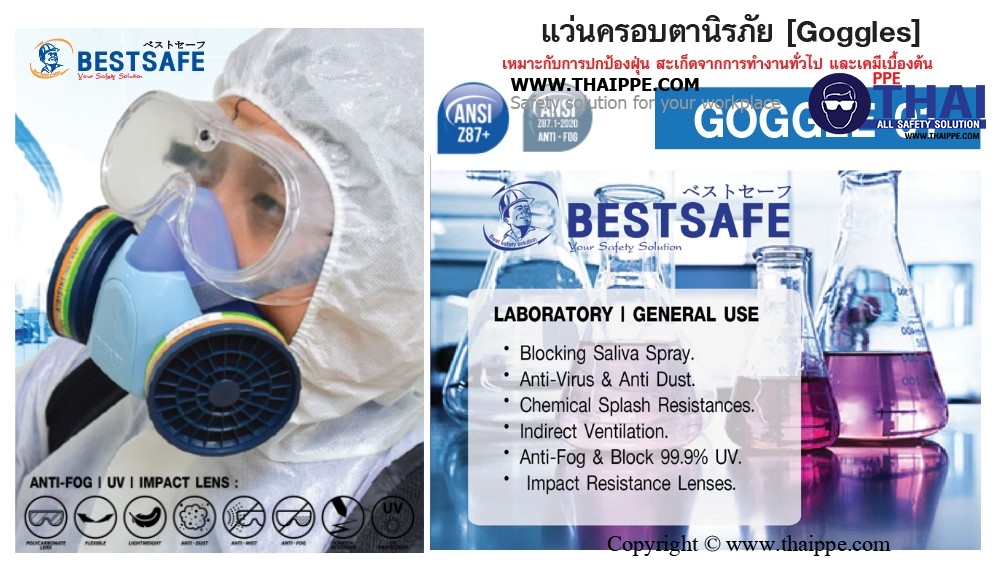 Goggle01 - ANTI-FOG (Medical / Lab) แว่นครอบตาเลนส์ใส ไม่มีวาล์ว # BESTSAFE