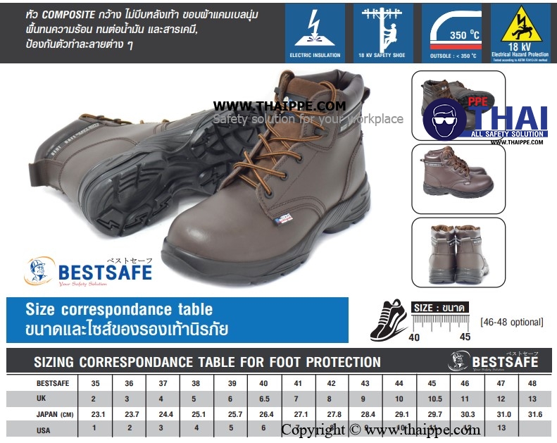 PICAZO DARK BROWN -HEAT TECH [SB PS EH HRO HI CI SR FO] รองเท้านิรภัยหุ้มข้อ สีน้ำตาลเข้ม พื้น PU/R ป้องกันไฟฟ้า 18 kV ยี่ห้อ BESTSAFE 
