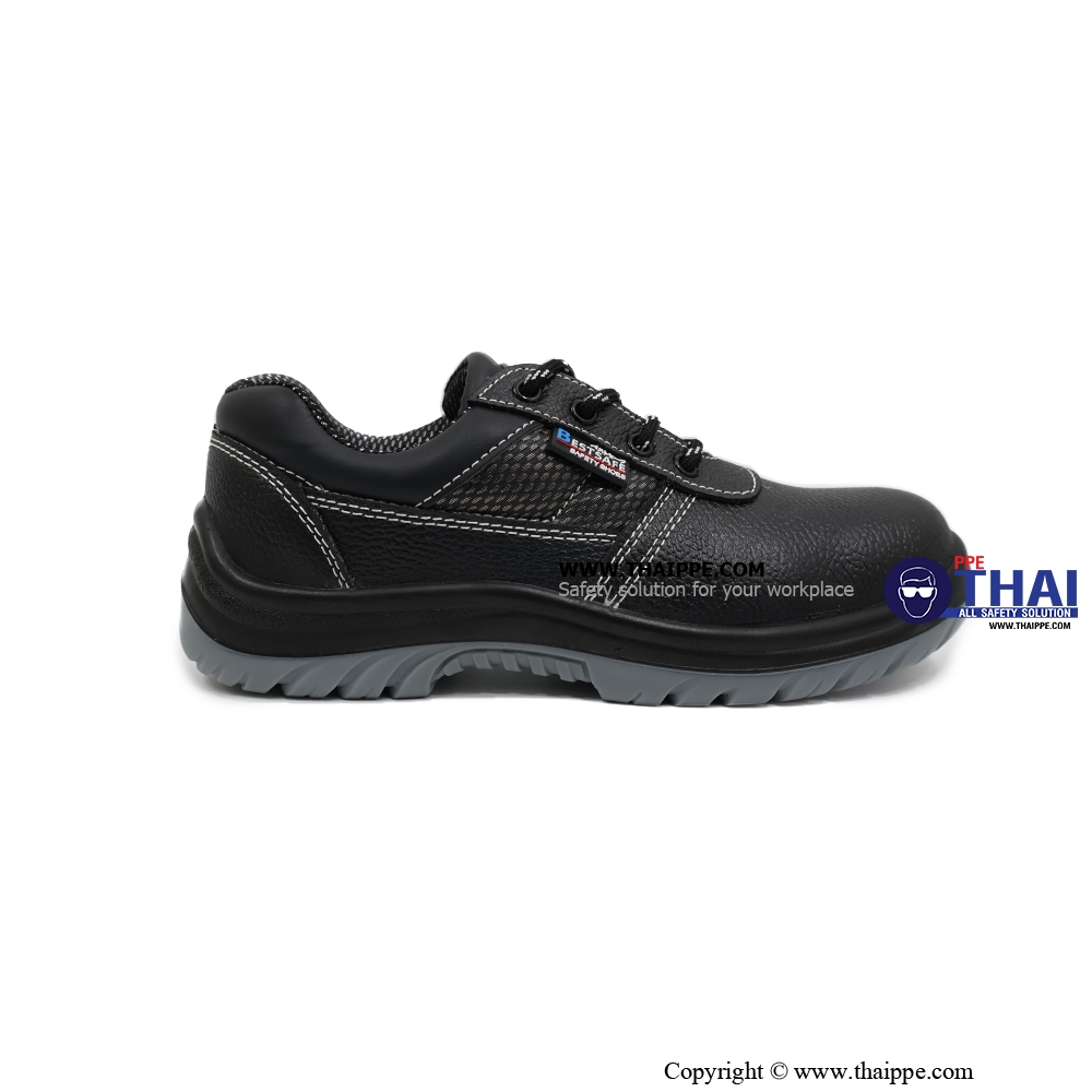T01-TEXAS (6317A) #BESTSAFE รองเท้านิรภัยแบบหุ้มส้น หนังวัวอัดลายกันน้ำ สีดำ พื้น PU injection, หัวเหล็ก 200 J กันทะลุเสริมแผ่นเหล็ก [S3 SR FO] ยี่ห้อ BESTSAFE
