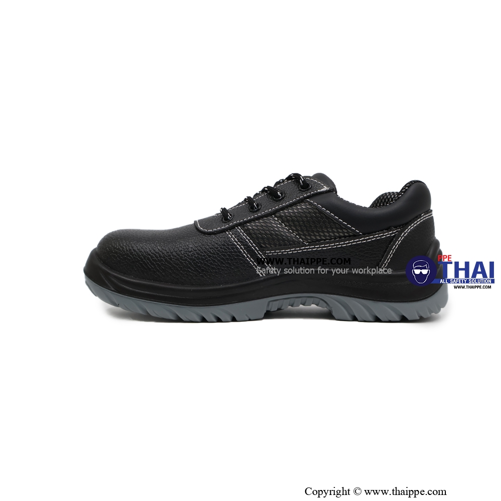 T01-TEXAS (6317A) #BESTSAFE รองเท้านิรภัยแบบหุ้มส้น หนังวัวอัดลายกันน้ำ สีดำ พื้น PU injection, หัวเหล็ก 200 J กันทะลุเสริมแผ่นเหล็ก [S3 SR FO] ยี่ห้อ BESTSAFE