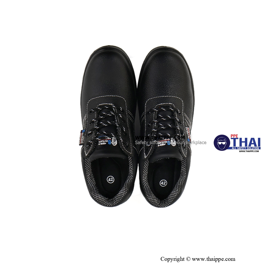 T01-TEXAS (6317A) #BESTSAFE รองเท้านิรภัยแบบหุ้มส้น หนังวัวอัดลายกันน้ำ สีดำ พื้น PU injection, หัวเหล็ก 200 J กันทะลุเสริมแผ่นเหล็ก [S3 SR FO] ยี่ห้อ BESTSAFE