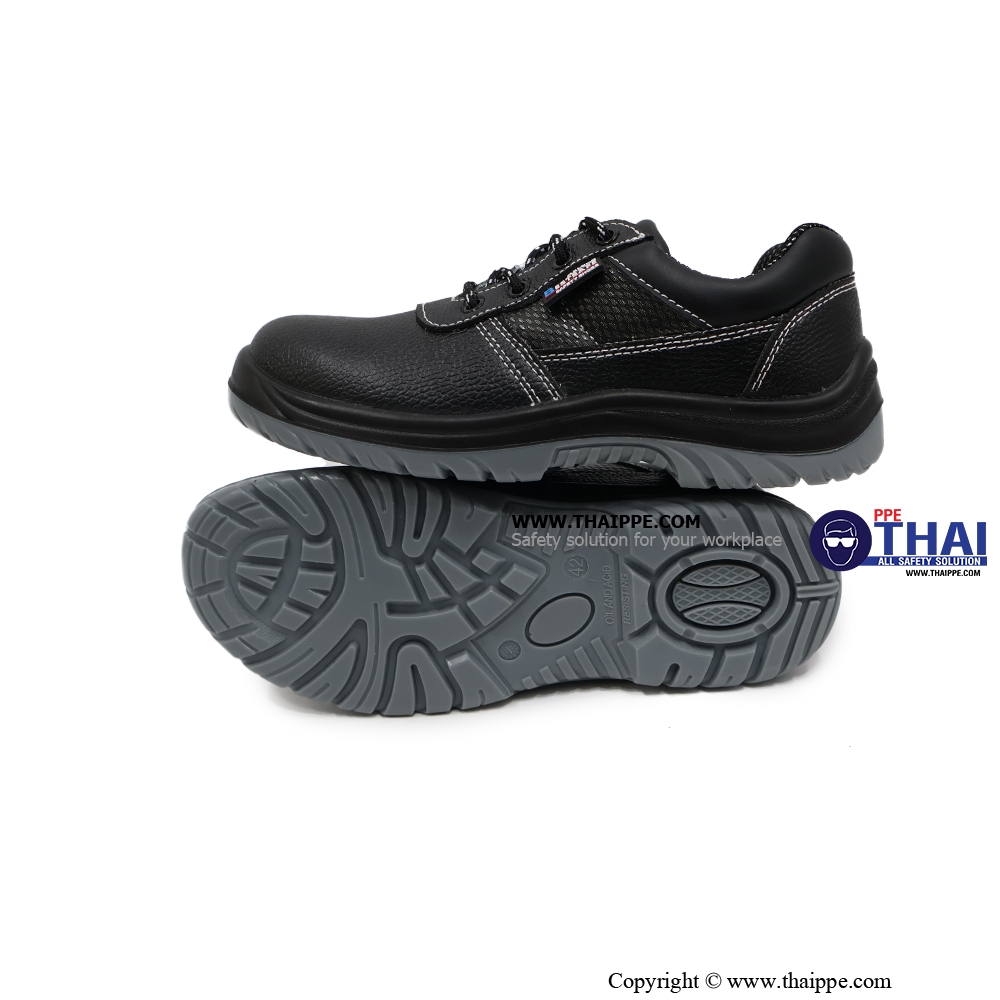 T01-TEXAS (6317A) #BESTSAFE รองเท้านิรภัยแบบหุ้มส้น หนังวัวอัดลายกันน้ำ สีดำ พื้น PU injection, หัวเหล็ก 200 J กันทะลุเสริมแผ่นเหล็ก [S3 SR FO] ยี่ห้อ BESTSAFE