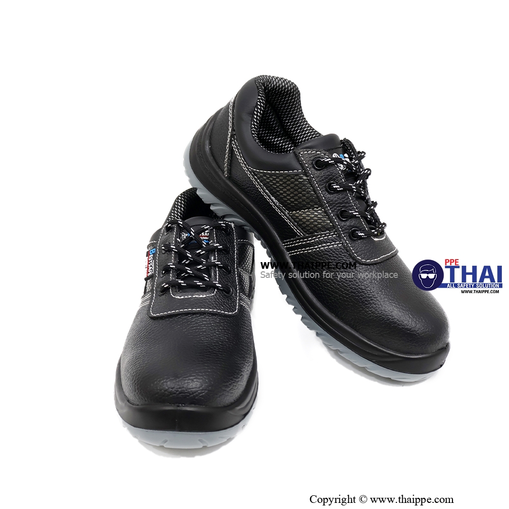 T01-TEXAS (6317A) #BESTSAFE รองเท้านิรภัยแบบหุ้มส้น หนังวัวอัดลายกันน้ำ สีดำ พื้น PU injection, หัวเหล็ก 200 J กันทะลุเสริมแผ่นเหล็ก [S3 SR FO] ยี่ห้อ BESTSAFE