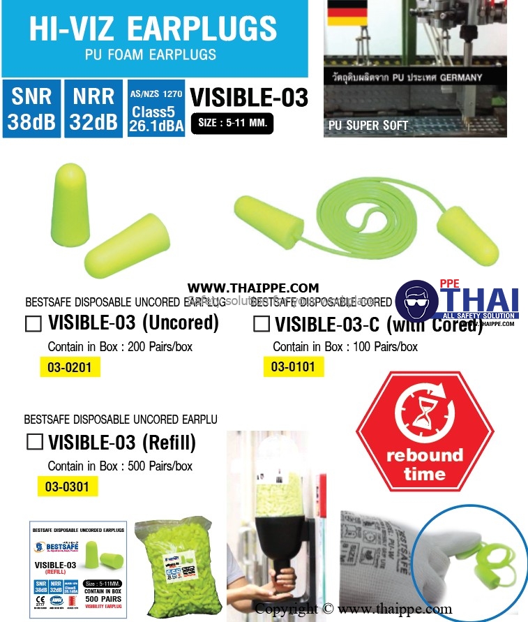 ปลั๊กอุดหูลดเสียงโฟมไม่มีสาย VISIBLE-03 ชนิดแบบเติม สีเขียว [500 คู่ / แพ็ค] # BESTSAFE