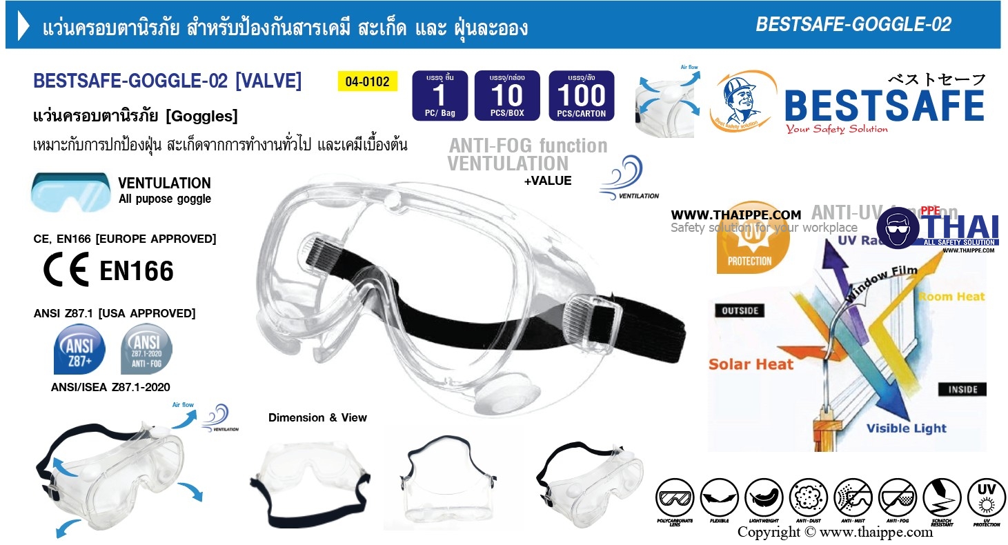 Goggle02 - ANTI-FOG  แว่นครอบตาเลนส์ใส มีวาล์ว # BESTSAFE