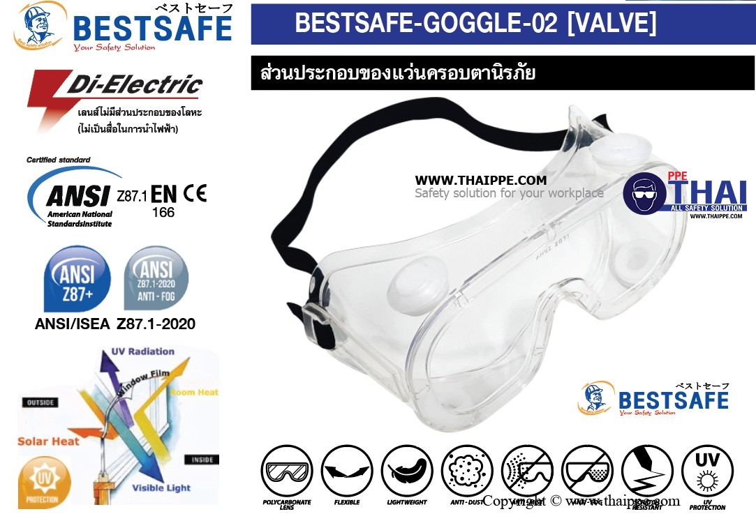 Goggle02 - ANTI-FOG  แว่นครอบตาเลนส์ใส มีวาล์ว # BESTSAFE