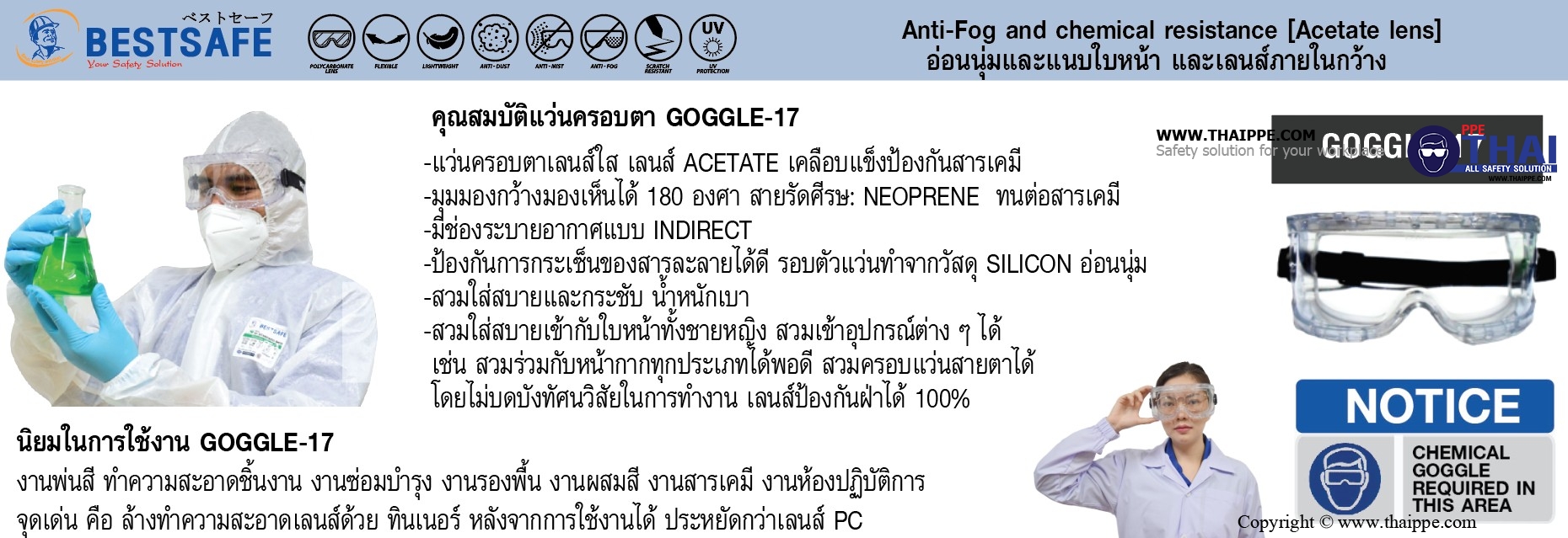 Goggle17 แว่นครอบตาเลนส์ใส กันสารเคมี+ฝ้า # BESTSAFE