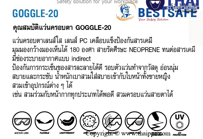 Goggle20 แว่นครอบตานิรภัยเลนส์ใส ยี่ห้อ BESTSAFE