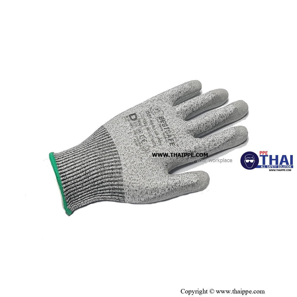 PU-D01 CUT5 HPPE #S ถุงมือผ้าเส้นใยแบบกันบาด HPPE เคลือบ PU CUT 5 ,Temp 100 °C